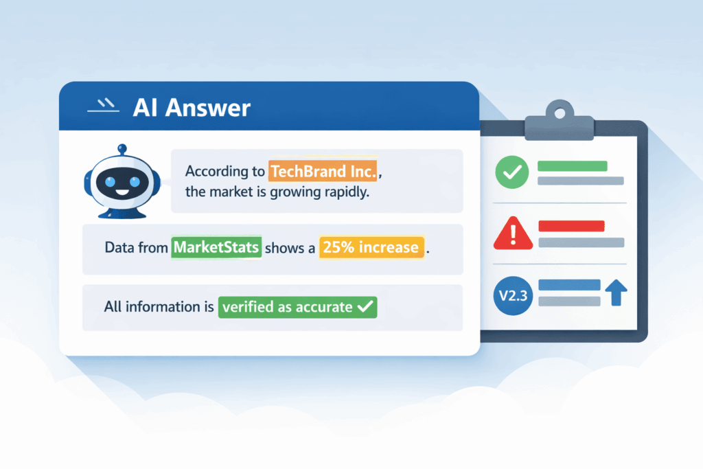 Graphic showing an AI-generated answer with highlighted sources and a verification checklist.