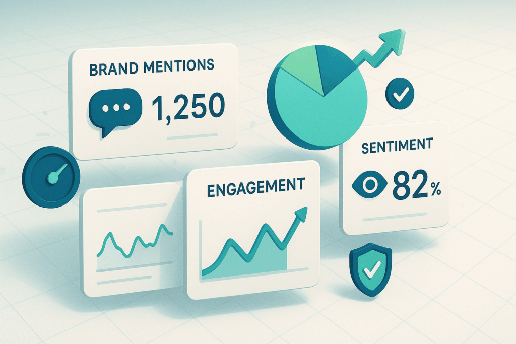 "Stylized graphic representing positive business performance, featuring floating teal and white data cards that show rising engagement, positive sentiment, and solid brand mention metrics."