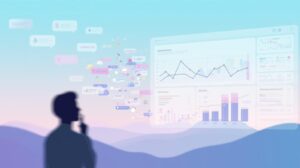 A silhouette of a man in profile looking towards a transparent, floating screen. A stream of colorful chat bubbles and social media icons flows from his mind toward the screen, transforming into line graphs and data points.