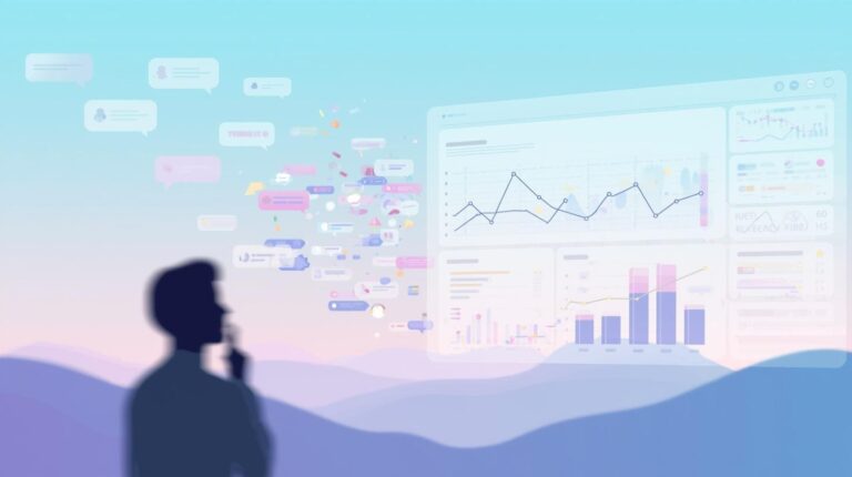 A silhouette of a man in profile looking towards a transparent, floating screen. A stream of colorful chat bubbles and social media icons flows from his mind toward the screen, transforming into line graphs and data points.