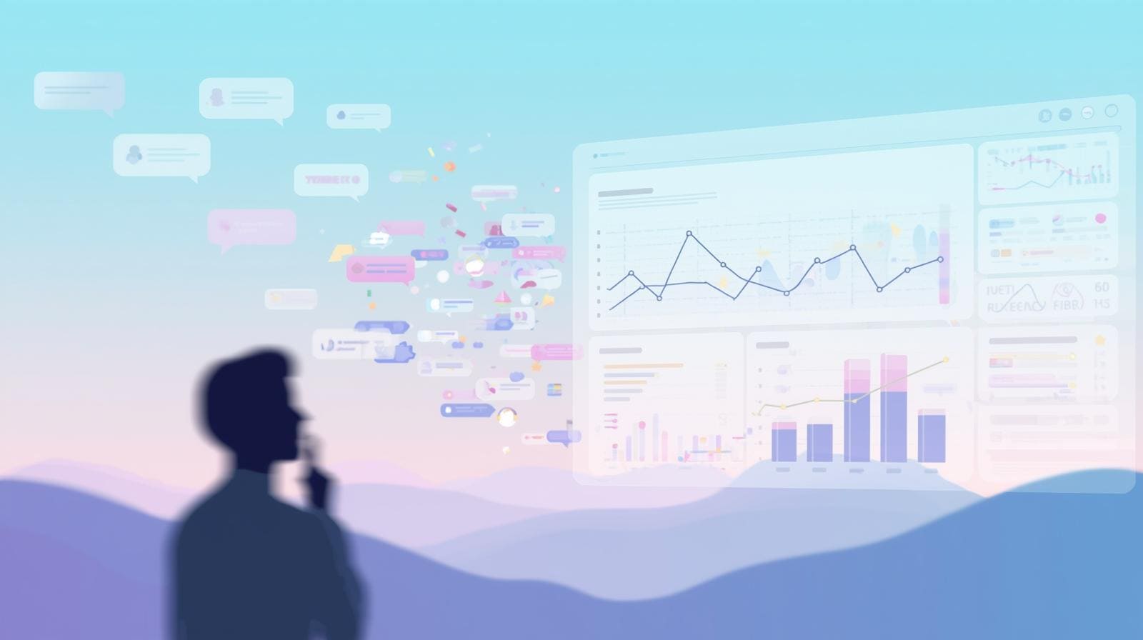 A silhouette of a man in profile looking towards a transparent, floating screen. A stream of colorful chat bubbles and social media icons flows from his mind toward the screen, transforming into line graphs and data points.