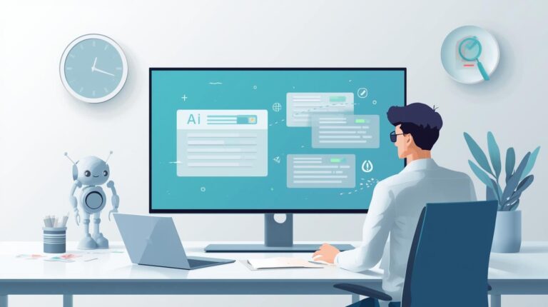 A man sitting at a desk facing a large monitor displaying AI-generated text and data windows.