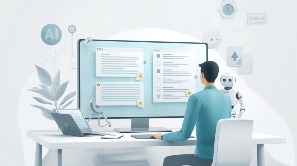 A man sitting at a desk looking at a large computer monitor while a small white robot stands beside him.