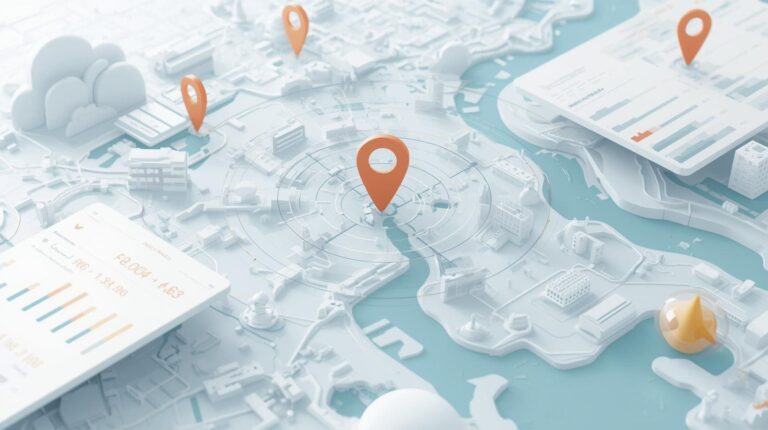"3D map visualization with location pins and analytics data overlays"