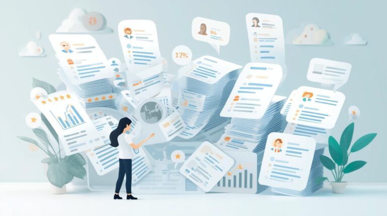 A stylized illustration of a woman standing before a massive, overwhelming pile of floating documents, charts, and customer feedback forms.