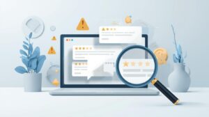 A conceptual 3D illustration of a magnifying glass inspecting star ratings and review bubbles on a laptop screen.