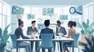 A flat-style illustration of five diverse professionals sitting around a conference table for a business meeting.