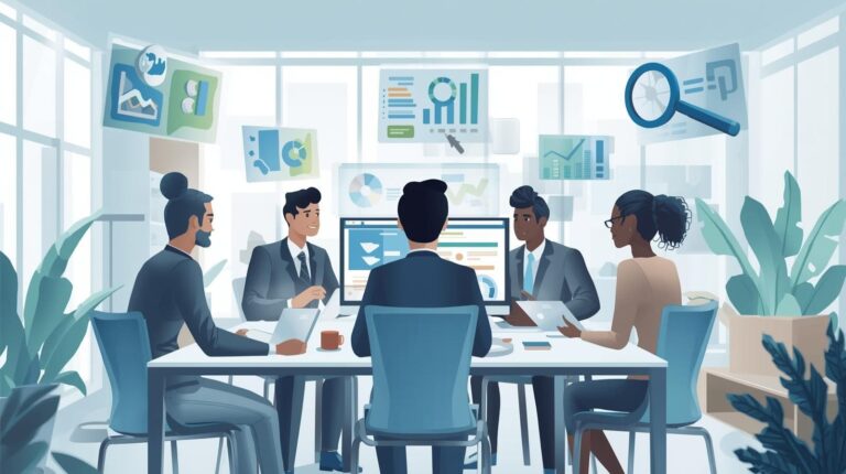 A flat-style illustration of five diverse professionals sitting around a conference table for a business meeting.