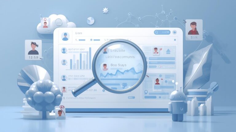 A 3D-style blue illustration featuring a large magnifying glass hovering over a user profile dashboard to inspect data and followers.
