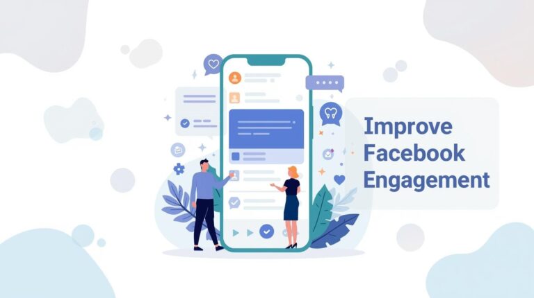 An illustration of a large smartphone showing a social media feed, with two people interacting with the screen next to the text "Improve Facebook Engagement."