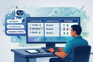 An illustration of a user looking at a computer monitor displaying an AI search dashboard with columns for search results, competitor brands, and ranking trends.