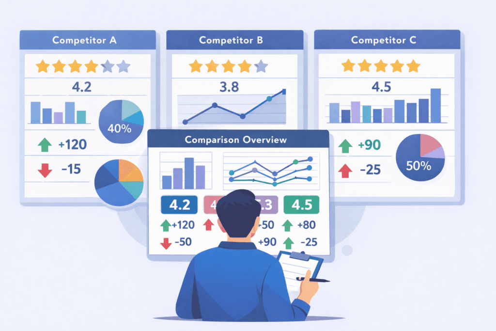 Illustration of a person responding to customer reviews and star ratings on a split-screen dashboard.