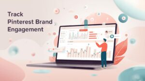 A wide banner image with the text "Track Pinterest Brand Engagement," featuring a person analyzing line graphs and metrics on a laptop screen surrounded by floating Pinterest logos.