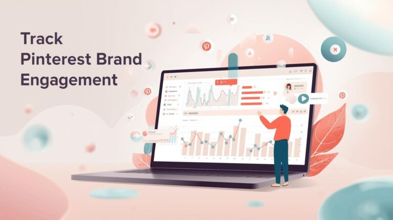A wide banner image with the text "Track Pinterest Brand Engagement," featuring a person analyzing line graphs and metrics on a laptop screen surrounded by floating Pinterest logos.