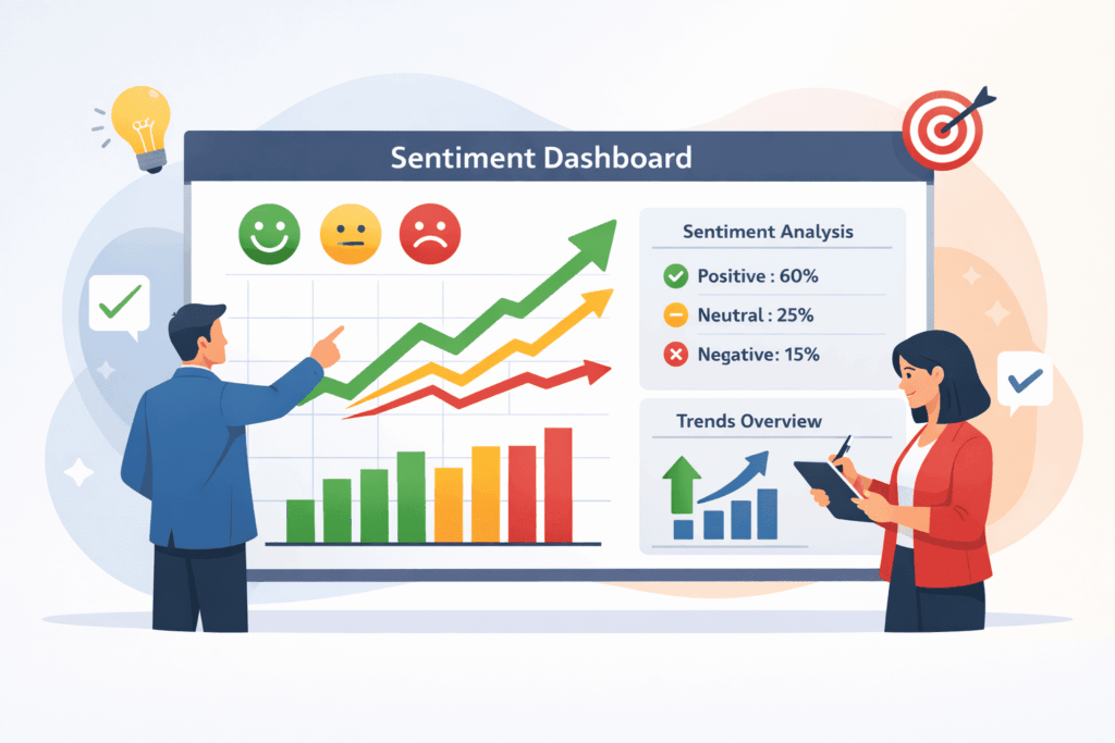 A man pointing at a "Sentiment Dashboard" featuring upward-trending line graphs and a breakdown of positive, neutral, and negative scores.