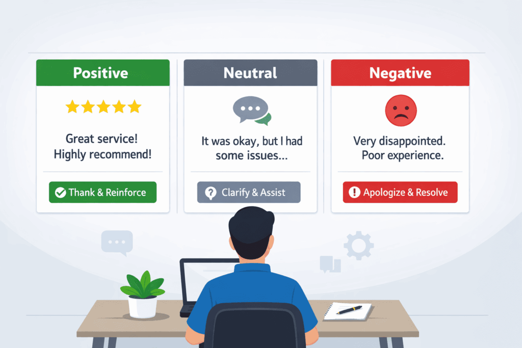 Infographic showing three categories for customer reviews: Positive (green), Neutral (gray), and Negative (red) with suggested response actions.