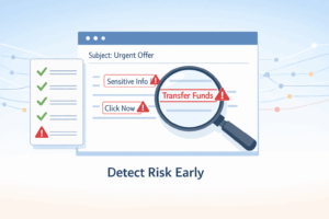 A magnifying glass inspecting an email for red flags like "Sensitive Info" and "Transfer Funds" under the heading "Detect Risk Early."