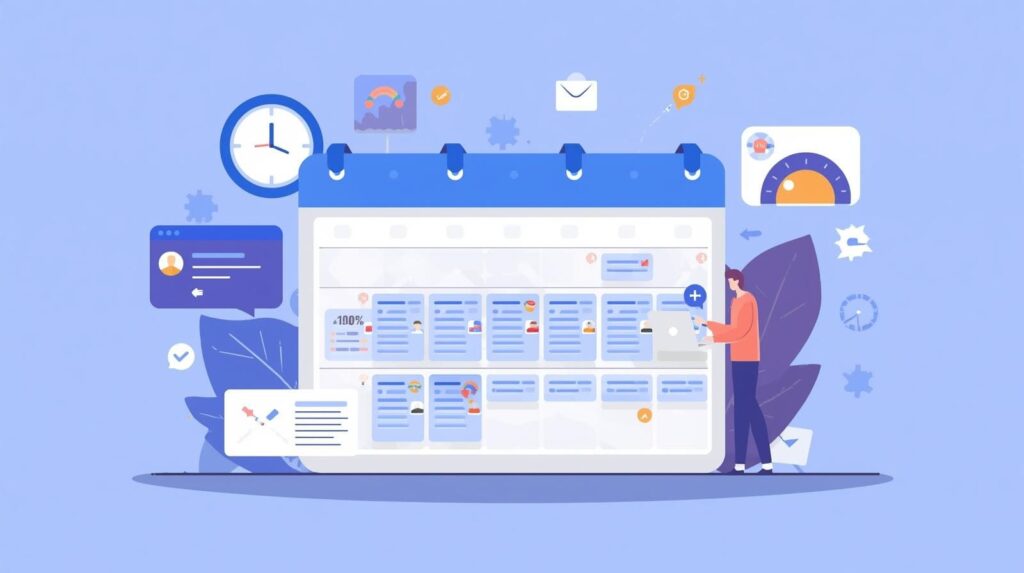 Illustration of a person organizing a large digital monthly calendar filled with scheduled posts, surrounded by a clock and chat icons.