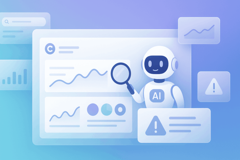 "Illustration of a friendly white robot holding a magnifying glass, closely inspecting a digital interface filled with line graphs, data charts, and alert notifications against a blue gradient background."