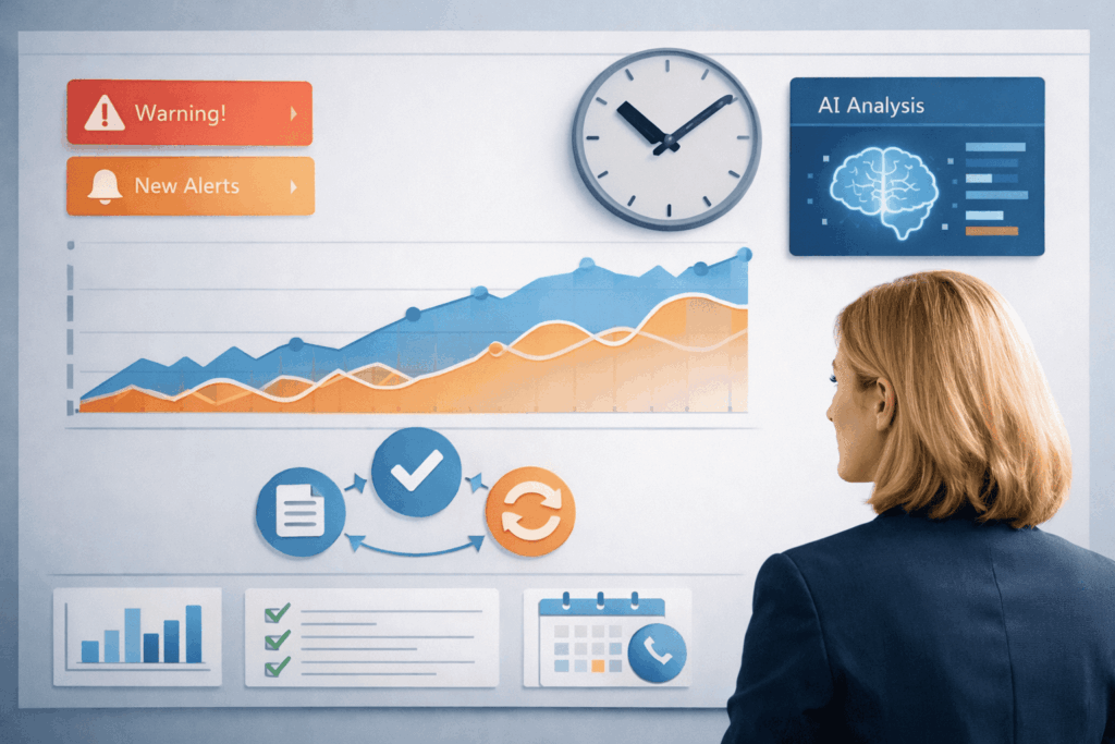 A woman looking at a digital dashboard featuring growth charts, a clock, and an AI analysis module.