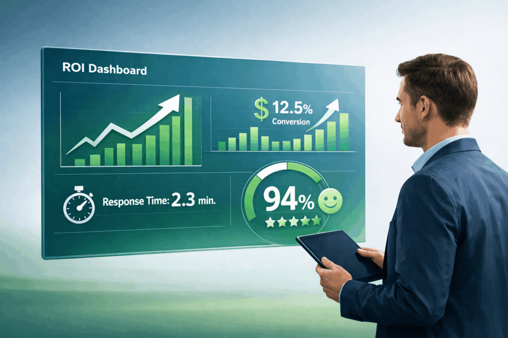 A man in a suit viewing a digital "ROI Dashboard" displaying a 94% satisfaction rating and a 2.3-minute response time.