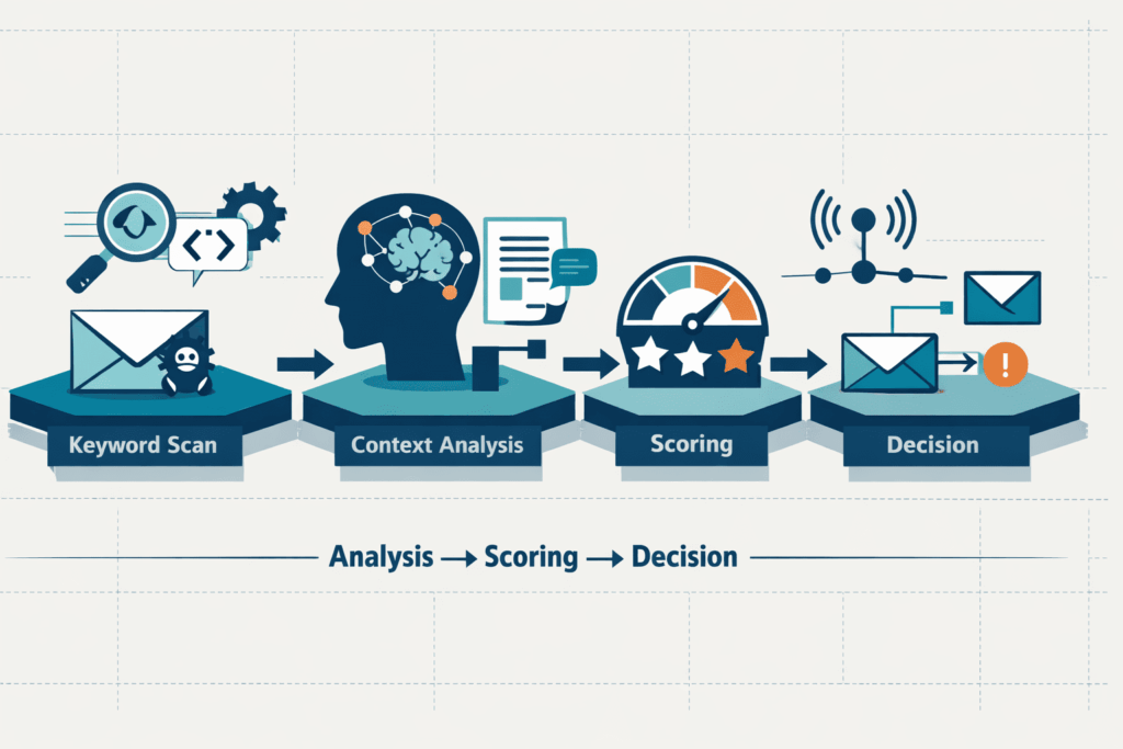 Four-step process diagram showing the journey of an email through Keyword Scan, Context Analysis, Scoring, and Decision.