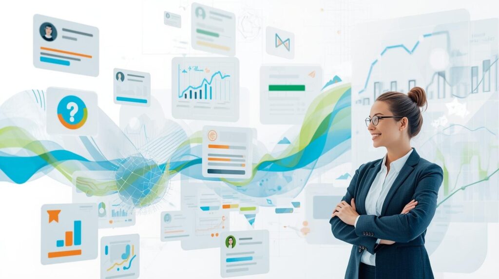 A confident businesswoman standing with arms crossed next to a digital stream of floating data visualizations and UI elements.