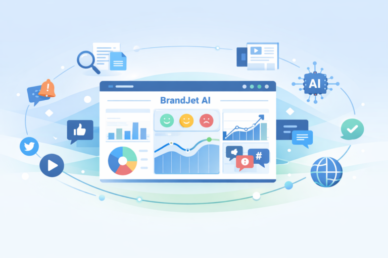 BrandJet AI Content Monitoring dashboard showing sentiment analysis, brand mentions, and AI-driven insights across digital channels