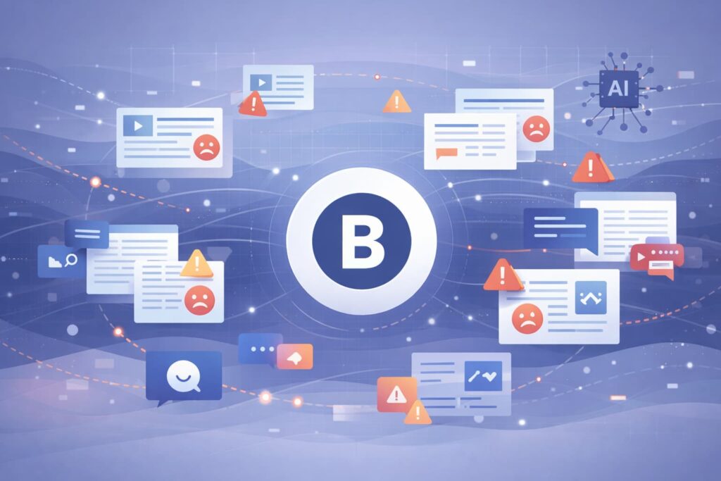 BrandJet AI Content Monitoring showing brand mentions, AI summaries, and reputation risk alerts across digital channels
