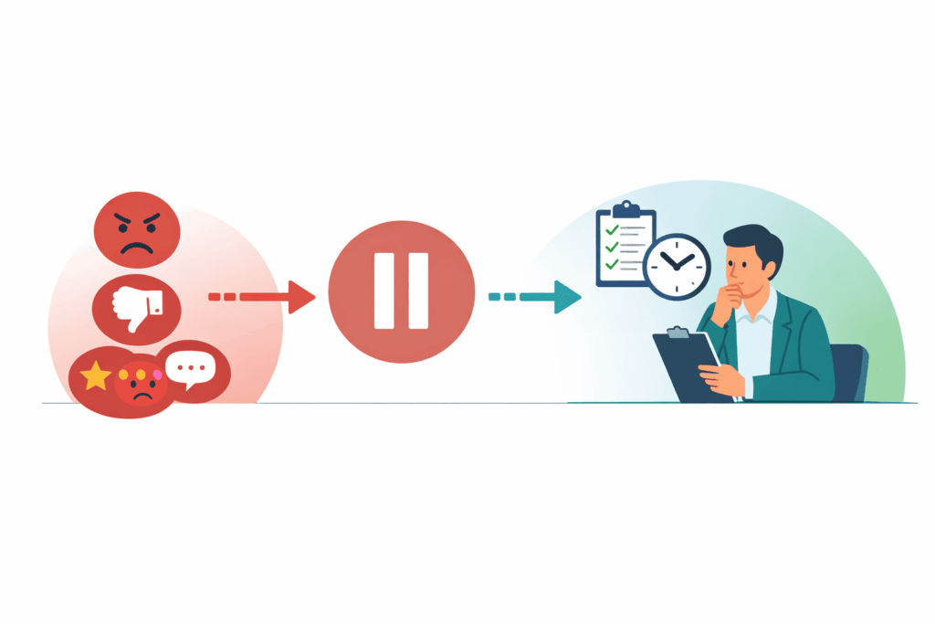 Illustration of a "pause" button between angry customer feedback and a professional thoughtfully evaluating a checklist.