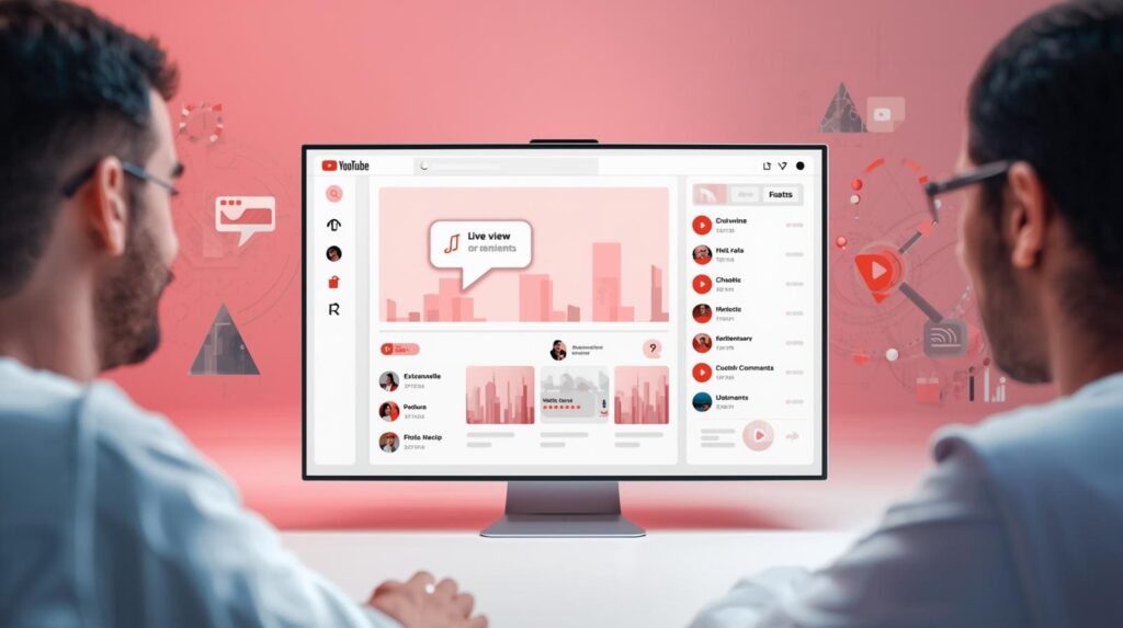 Two people viewing a large, pink-themed monitor displaying a YouTube dashboard with video analytics, subscriber lists, and a "Live view" notification.