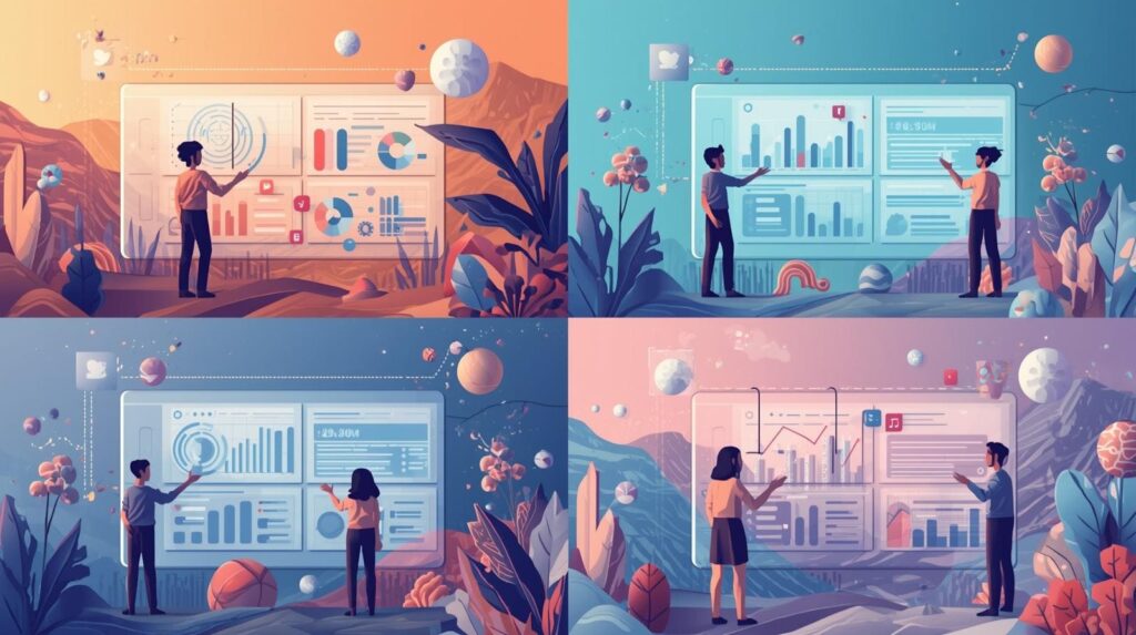 A collage containing four different artistic vector illustrations, each depicting a person standing in a surreal landscape interacting with a large, floating holographic data panel filled with charts and bars.