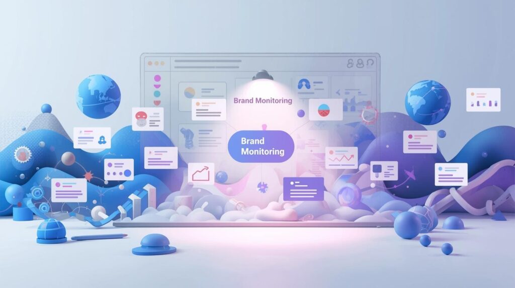 3D illustration of a digital brand monitoring dashboard connecting various data points.