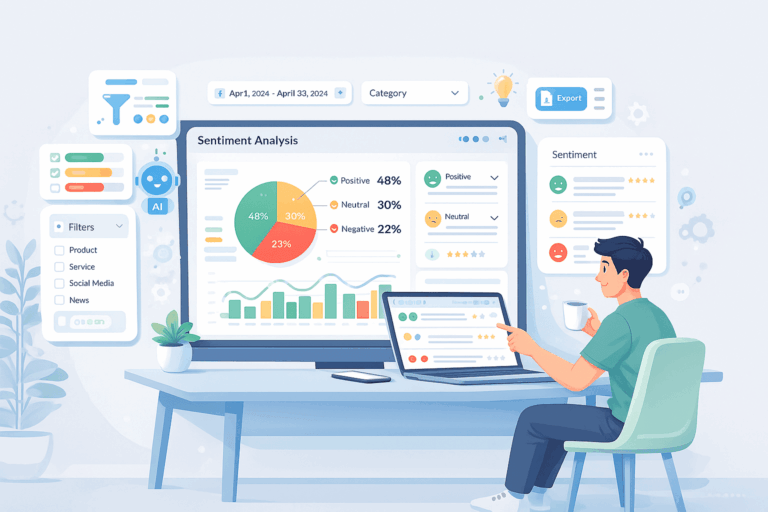 Illustration of a man viewing a sentiment analysis dashboard with pie charts and AI icons.