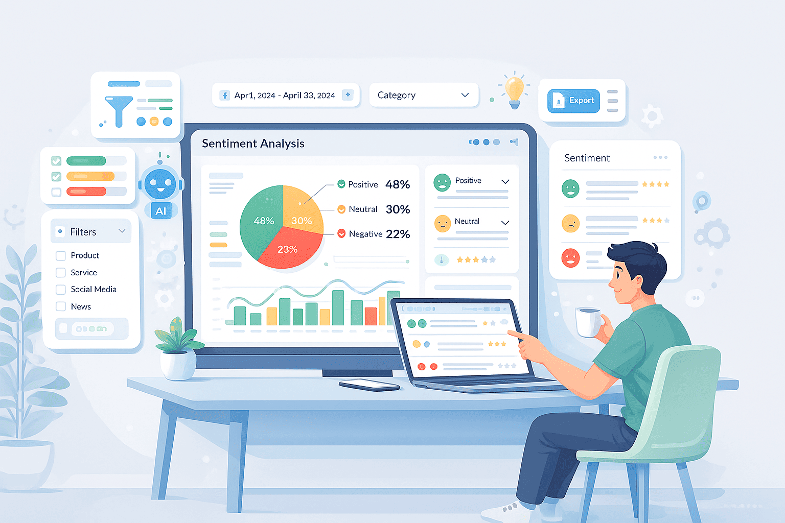 Illustration of a man viewing a sentiment analysis dashboard with pie charts and AI icons.
