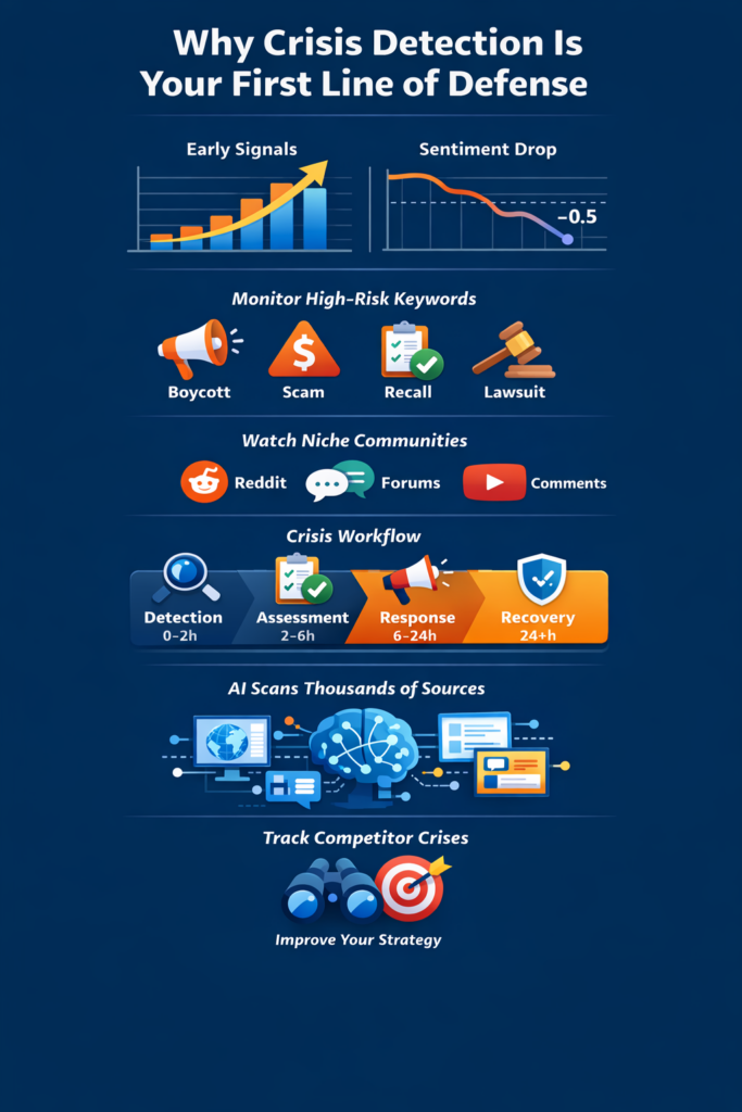 Crisis detection infographic showing early signals, sentiment drops, workflows, AI monitoring, and competitor tracking