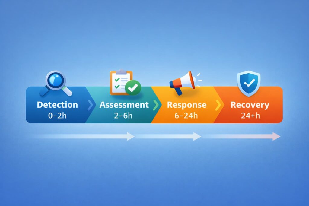 Crisis detection workflow showing detection, assessment, response, and recovery stages with clear timeframes.