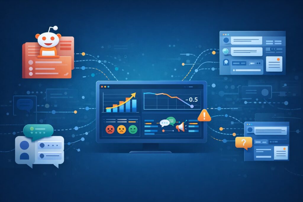 Crisis detection dashboard connecting AI monitoring to social conversations, sentiment trends, and real-time alerts