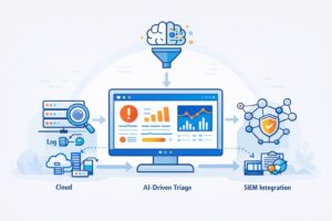 Crisis Detection Workflow Setup illustrated by a security dashboard connecting logs, AI-driven triage, and SIEM systems
