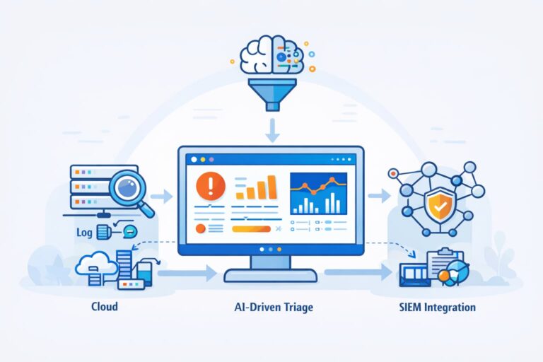 Crisis Detection Workflow Setup illustrated by a security dashboard connecting logs, AI-driven triage, and SIEM systems