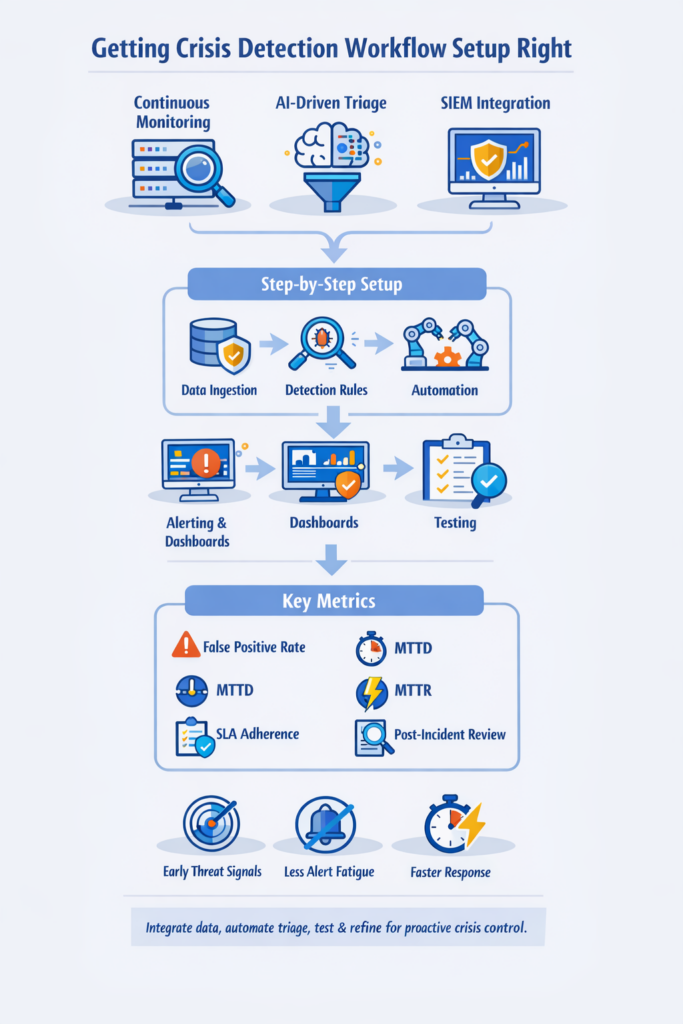 Crisis Detection Workflow Setup guide showing key steps to monitor alerts, triage risks, and respond early