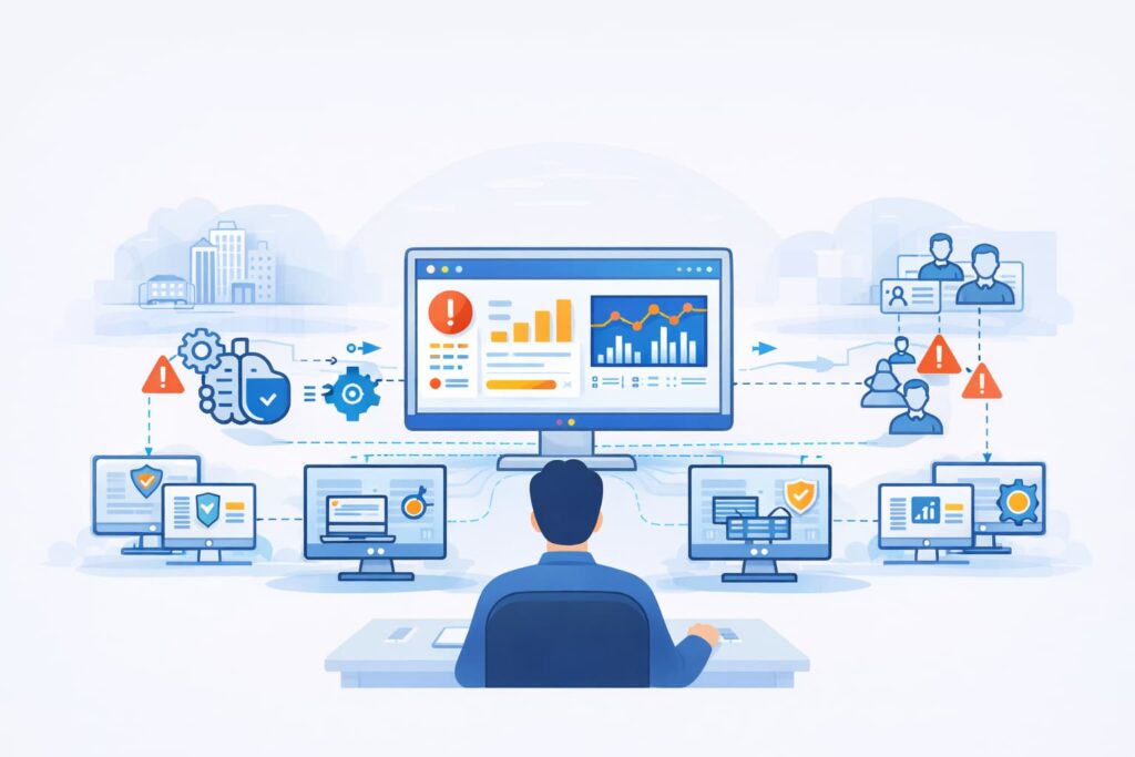 Crisis Detection Workflow Setup visual of scalable SOC operations handling alerts across organizations