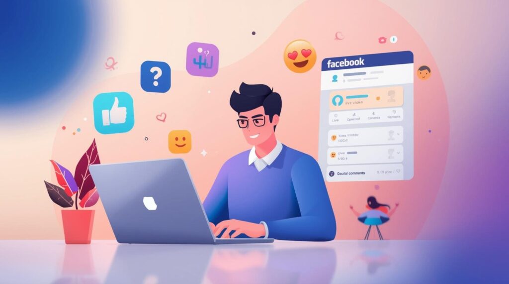 Visual representation of a social media manager monitoring positive Facebook engagement, reactions, and comments on a desktop device.