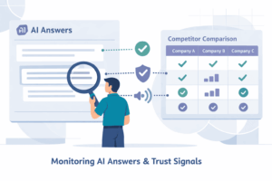 A step-by-step infographic titled "How to Track Competitors in Generative AI Search" featuring icons for querying, analyzing, and automating.