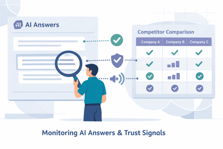 A step-by-step infographic titled "How to Track Competitors in Generative AI Search" featuring icons for querying, analyzing, and automating.