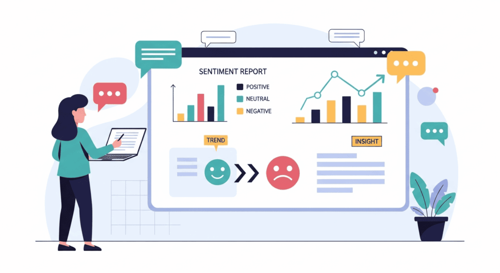 Flat vector illustration of a woman presenting a sentiment report with bar charts and trend indicators.