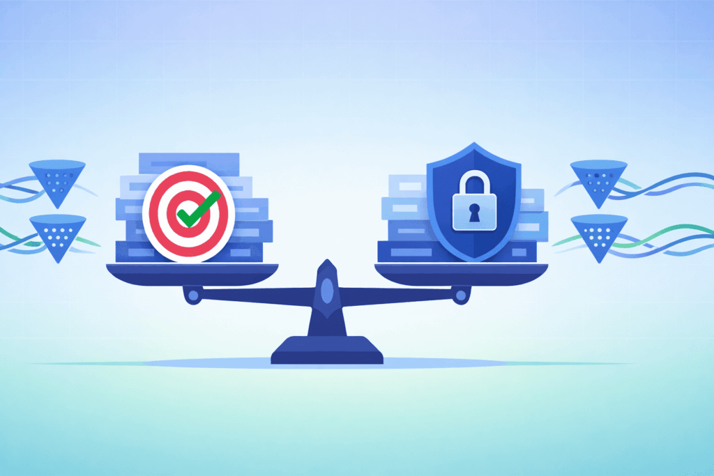 A balance scale weighing a target icon with a checkmark against a blue shield with a lock icon.