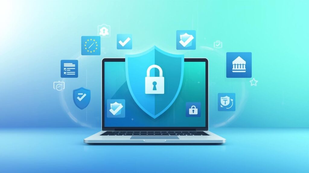 An open laptop displaying a large blue padlock, surrounded by floating icons including the EU stars, government buildings, and checkmarks.
