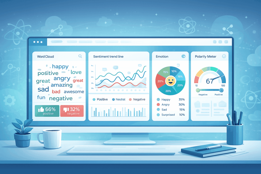 A flat vector illustration of a smiling man holding a clipboard and pointing to a large whiteboard containing business metrics. The board displays scores for "Clarity," "Consistency," and "Accuracy" alongside bar charts and a pie chart.