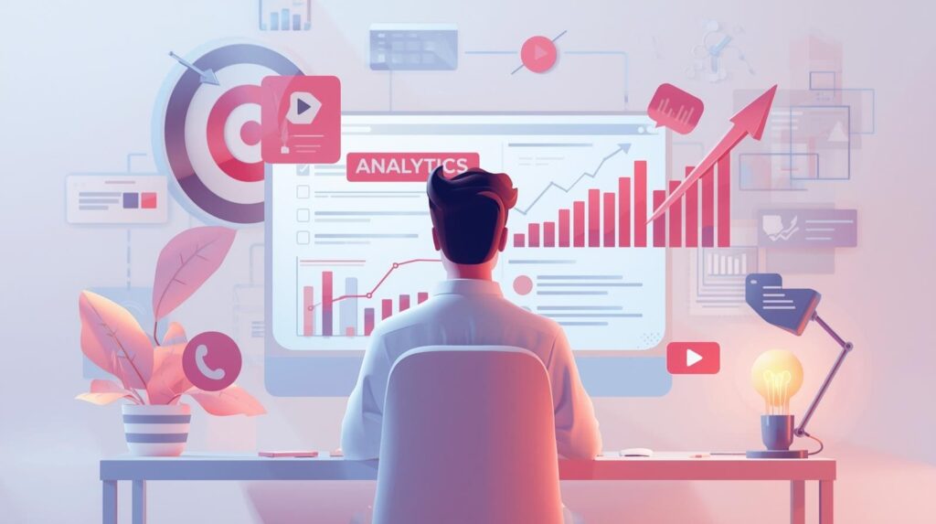"Person viewing a digital analytics dashboard with video performance charts."